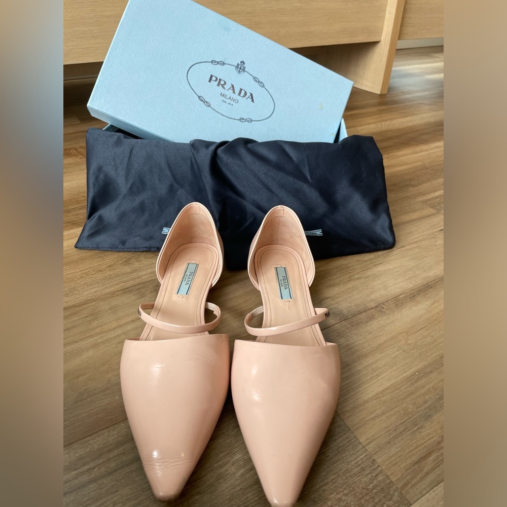 Prada Point Toe Logo Strap Flat in Nude Light Pink EU 37.5 US 7 Box and Dust Bag